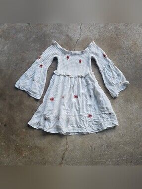 Free People White Floral Embroidered Smocked Off Shoulder Bell Sleeve Mini Dress